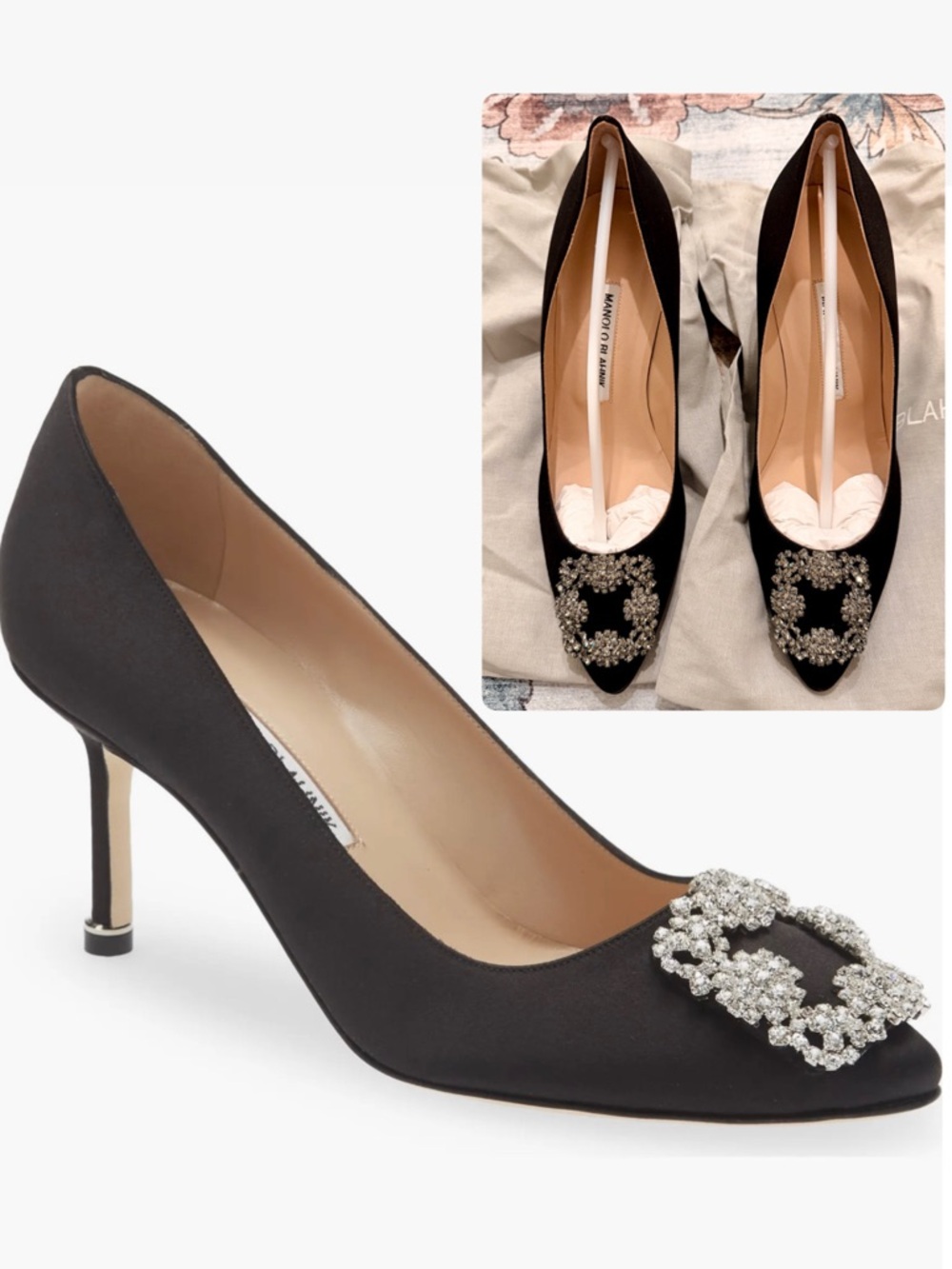 Brand New! Manolo Blahnik Hangisi Black Satin Crystal 70mm Heel smoke/pet free